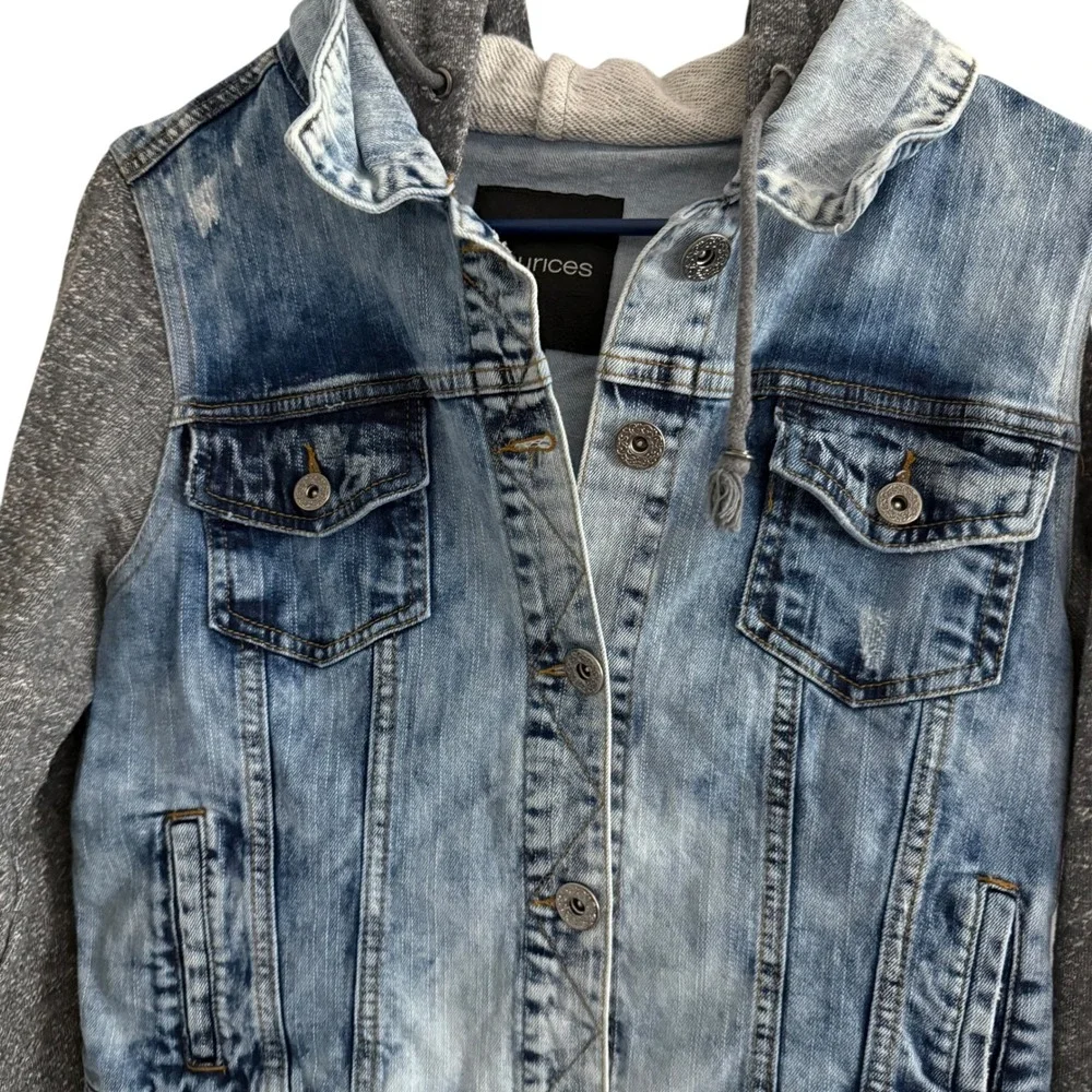 Maurices Hooded Denim Jacket Womens M Medium Blue Gray Mixed Media Trucker